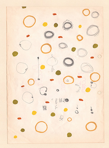 Lucas Di Pascuale. A amarillo 1. Serie Herbarios, 2023-2024. Témpera y recorte sobre papeles con grafismos y anotaciones. 50 x 32,5 cm