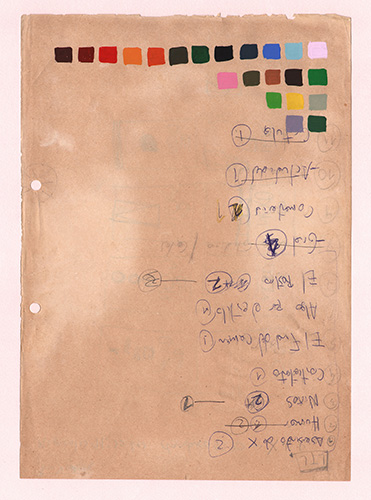 Lucas Di Pascuale. A rosa 3. Serie Herbarios, 2023-2024. Témpera y recorte sobre papeles con grafismos y anotaciones. 50 x 32,5 cm