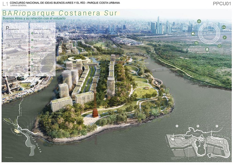1º PREMIO: Autores: Arqs. Emiliano Espasandin, Sofía Charro. Colaboradores: Arq. Daniel Vasini, Arq. Jessica Cangini, Arq. Lucía Trinidad Polito, Arq. Rohan Lewis, Arq. Hanyu Gao, Arq. Eli Arden, Arq. Lucila Pistolesi, Arq. Nicole Mosquera. Asesores: Arq. Manuela García Faure (Paisajismo), y Arq. Lucía Bocchimuzzi (Movilidad).