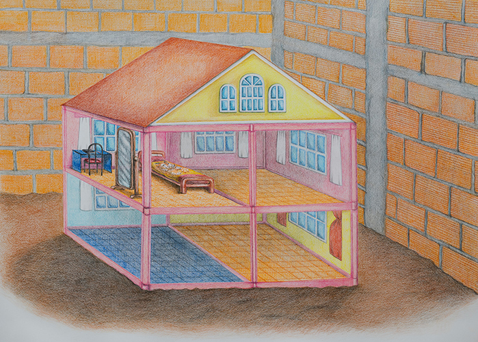 Título_ Villa Soldati Técnica_ Lápiz policromo sobre papel, cerámica Medida_ 115 x 85 x 4 cm Año_ 2025 - Galería Selvanegra