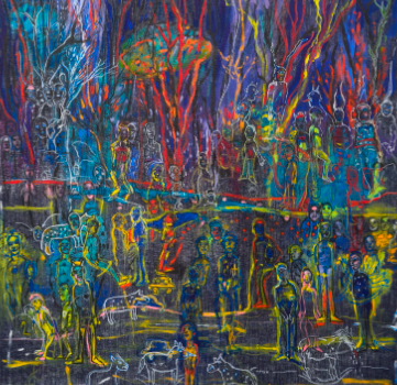 Liliana-Golubinsky-Un-mundo-raro,-2024.-Técnica-mixta-sobre-lino-azul,-150-x-140-cm.