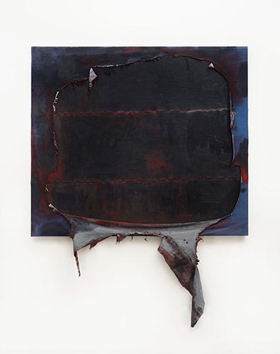 Roto de jean, 2026, Oleo sobre tela y denim, cierres, 140 x 160 cm - Isla Flotante