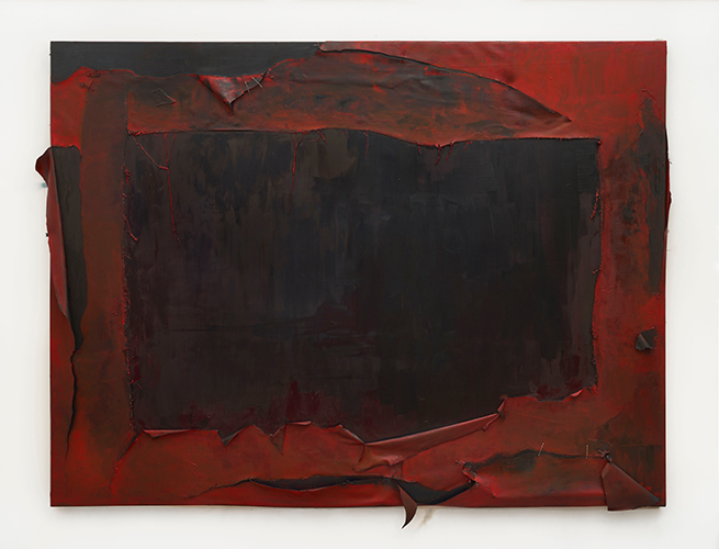 Roto grande rojo, 2026, Óleo y alfileres sobre tela, 190 x 250 cm - Isla Flotante