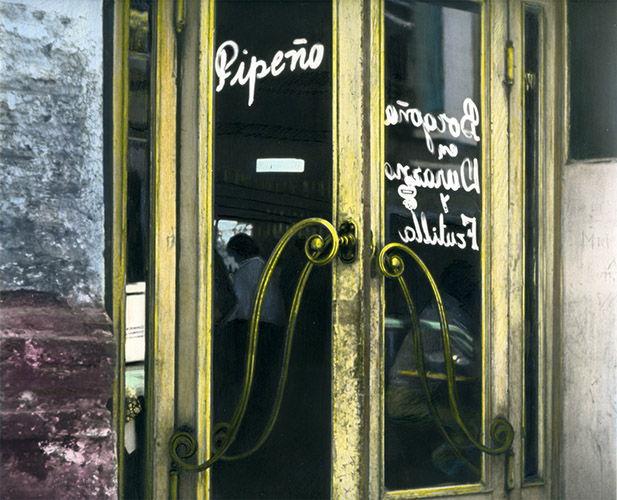 LEONORA VICUÑA, Puerta de Bar Pipeño, 1979-2025, Gelatina de plata sobre papel fibra, intervenida con lápices de colores, 25,6 x 26,1 cm - Galeria VASARI