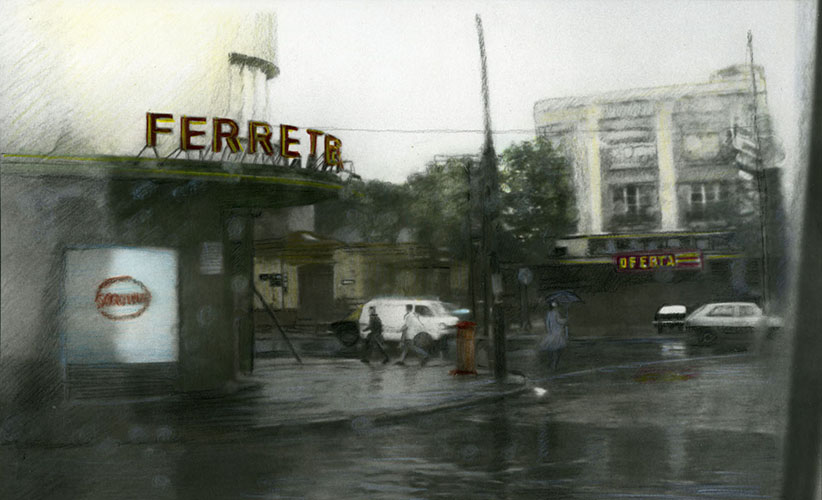 LEONORA VICUÑA, Santiago con lluvia, 1979-2025, Gelatina de plata sobre papel fibra, intervenida con lápices de colores, 17 x 28 cm - Galeria VASARI