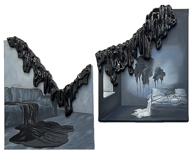 Jorgelina Buchara - Linving y habitacion. 2026. 50x40cm cada una. Oleo y ceramica esmaltada (1) - Gascon Galeria